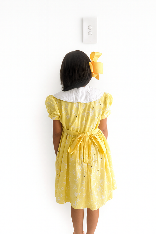 Sunny Yellow Cotton Dress – Embroidered Collar & Classic Tie-Back Design