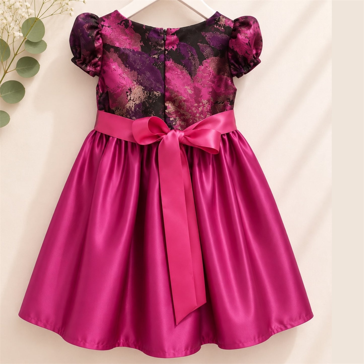 Girls Pink & Purple Party Dress with Puff Sleeves & Bow