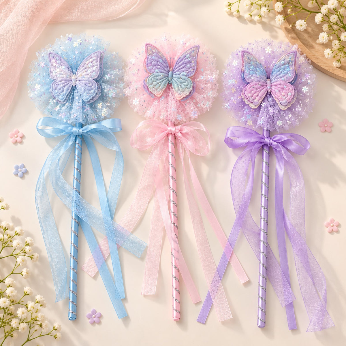 Three pastel butterfly princess wands in blue pink and purple with ribbon streamers