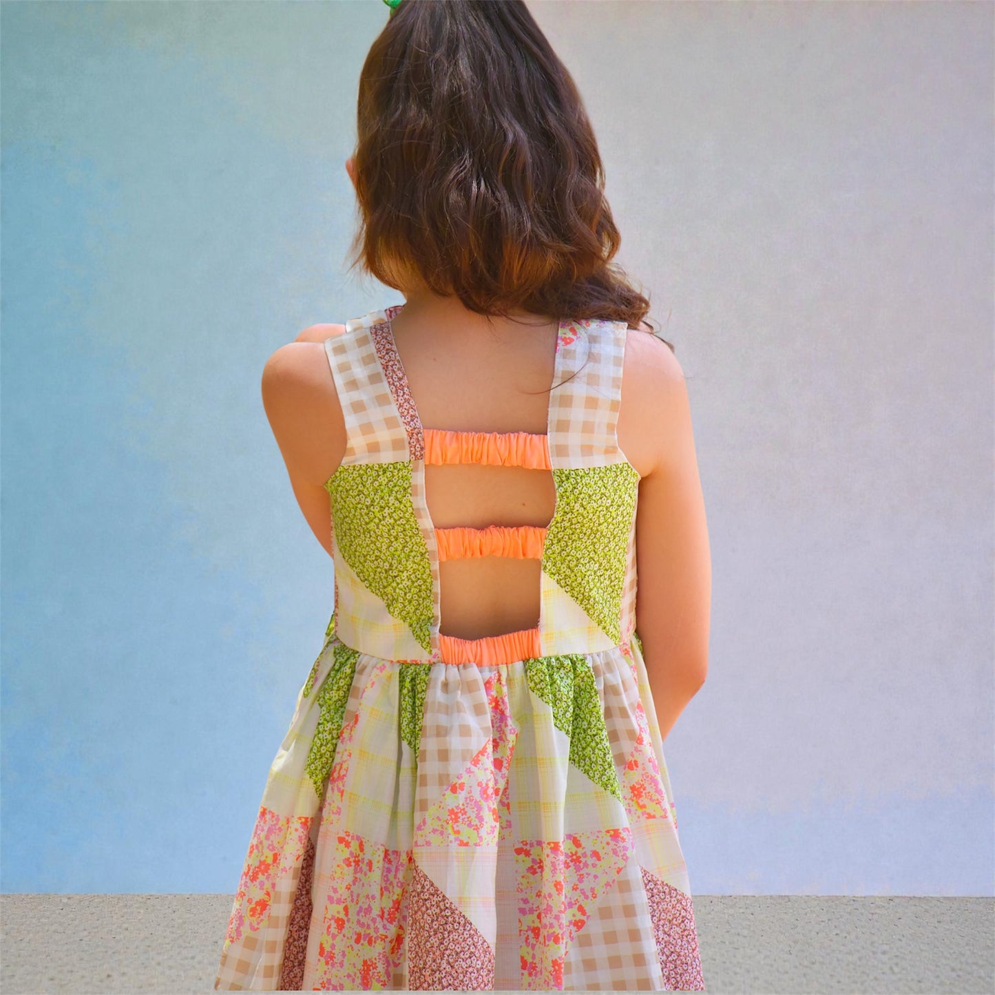 Girls Patchwork Cotton Dress – Open Back Summer Party Dress