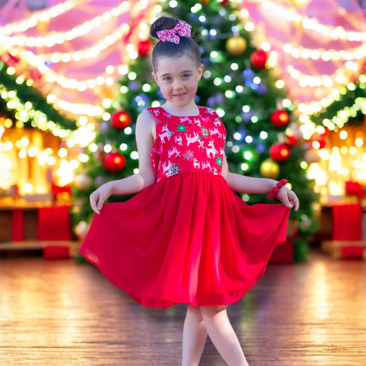 Festive Red Cotton & Georgette Christmas Dress