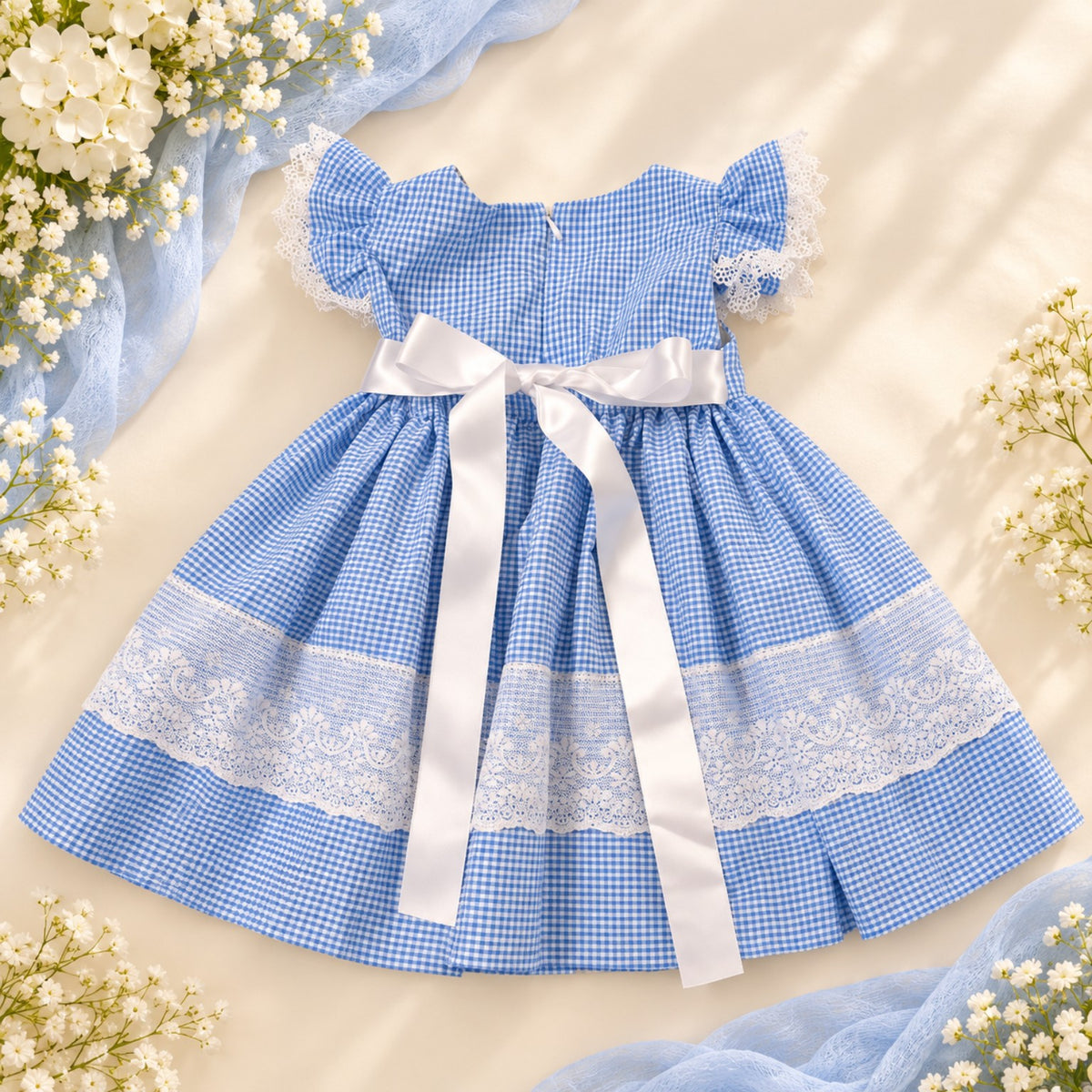 Back view of a blue and white gingham girls dress with lace ruffle sleeves and white satin tie belt