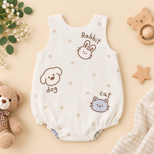 Back of cream 100% cotton unisex baby romper with cute animal prints