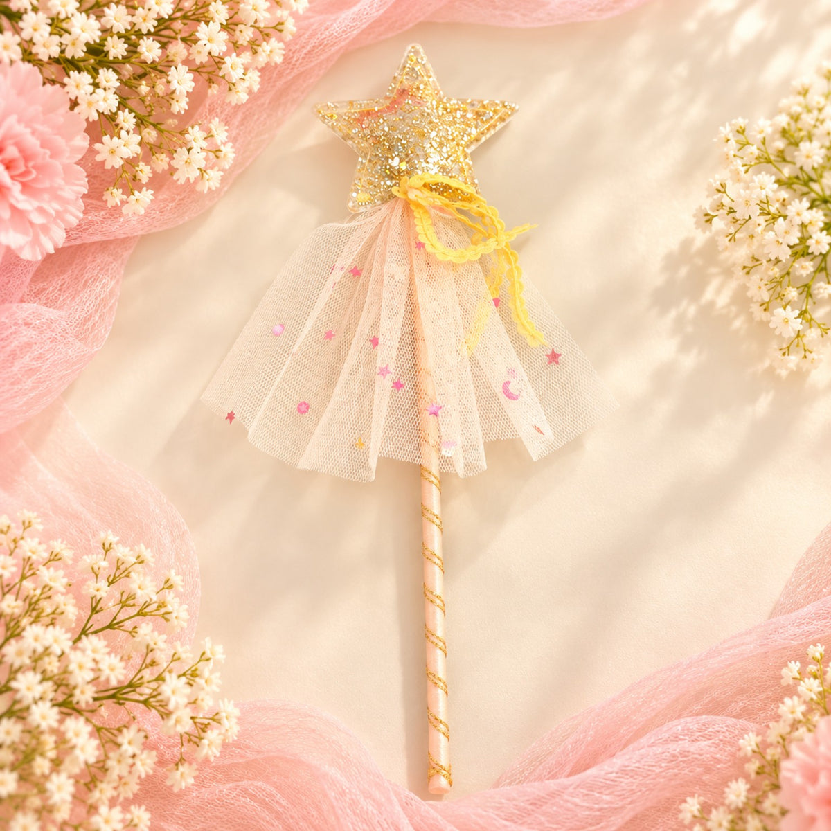 Gold glitter star princess wand with peach tulle and gold ribbon