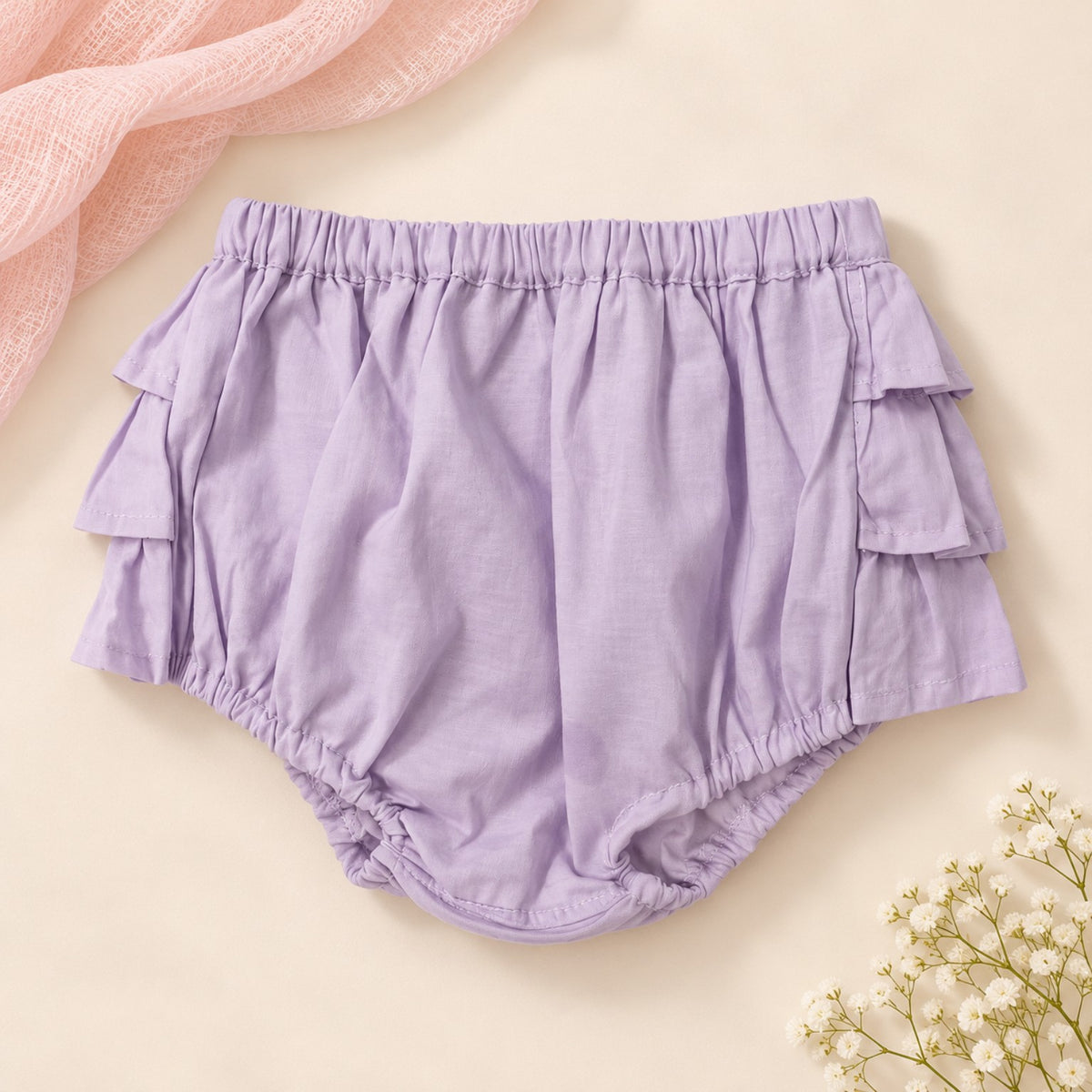 Lilac 100% cotton baby frilly bum bloomers with tiered ruffles, back view
