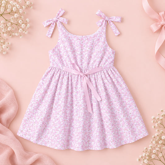 Pink floral cotton girls dress with tie shoulder straps and waist bow, back view