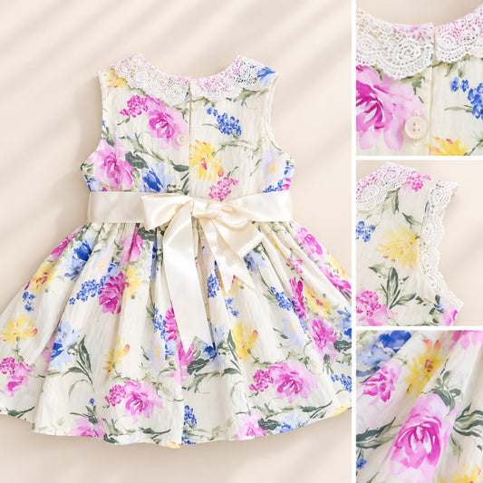 Girls 100% cotton floral dress with pink and white gingham fabric and back waist tie