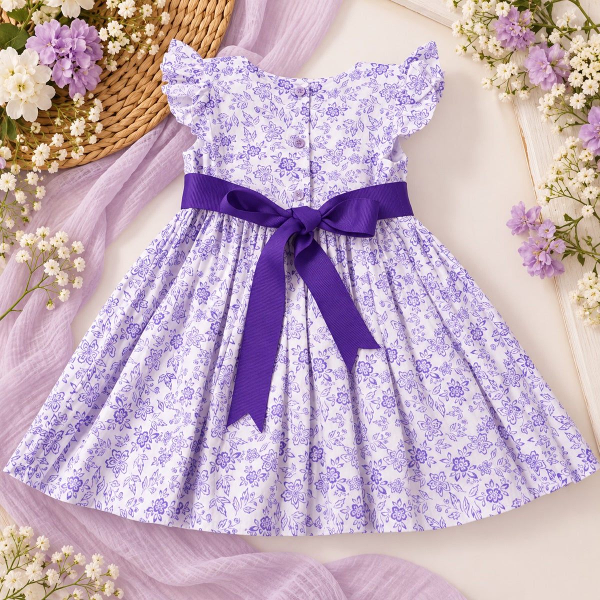 Back view of a white and purple floral cotton girls dress with purple tie belt and back buttons