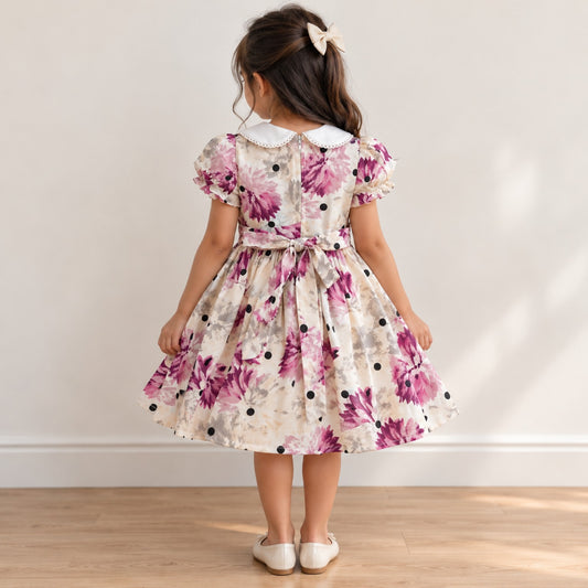 Back view of purple floral hand-smocked cotton girls dress with zip fastening and waist tie