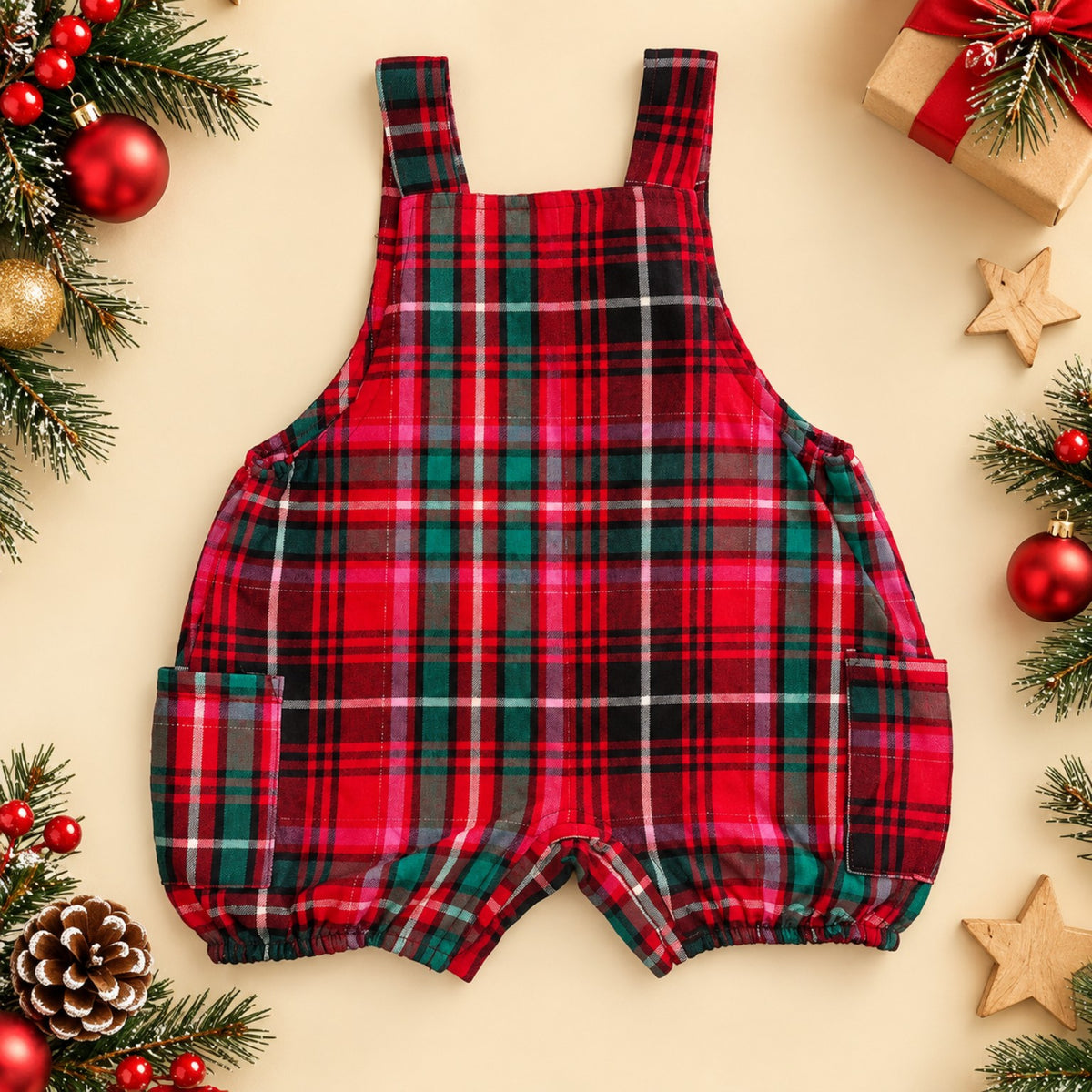Red green tartan baby overalls back view
