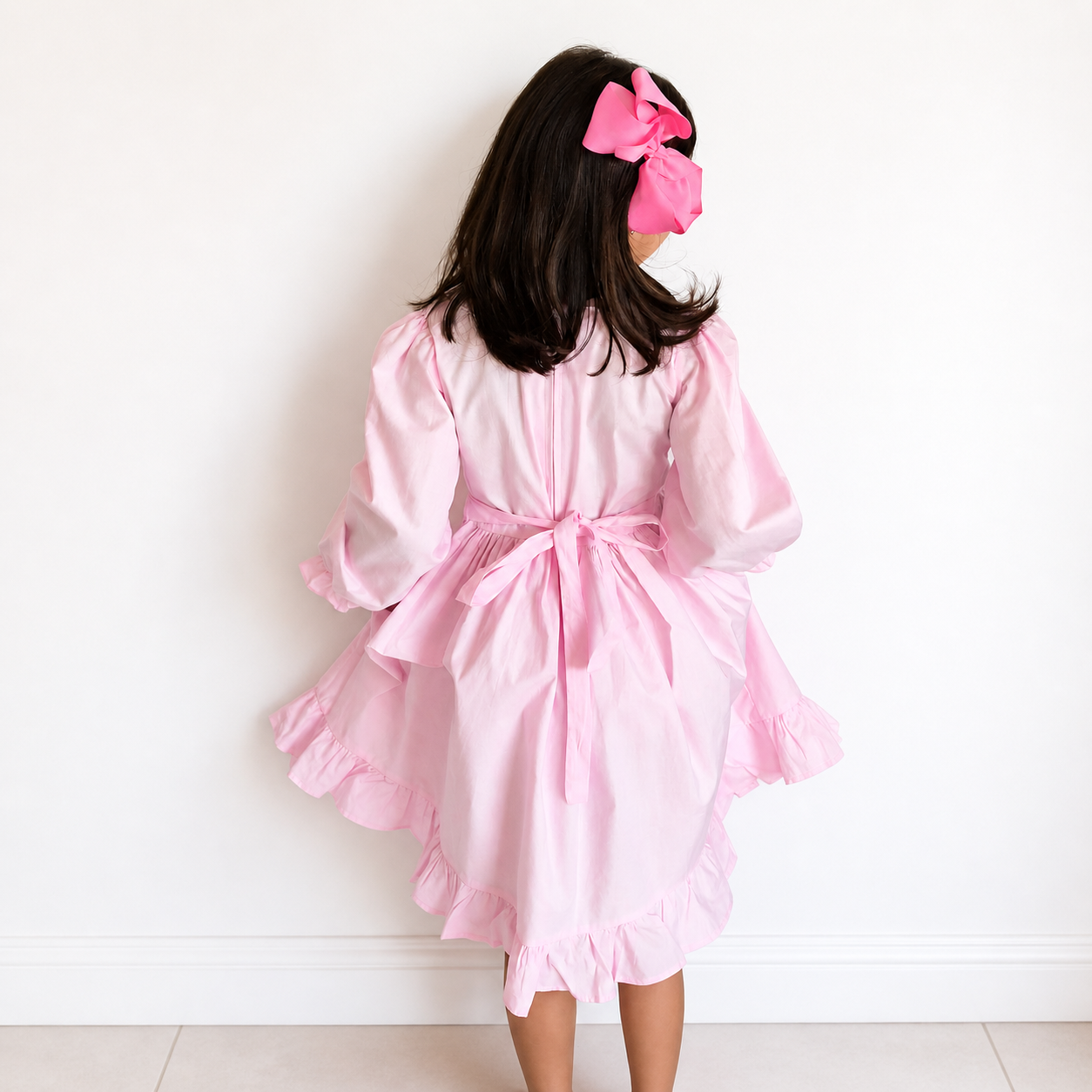 Pink Smocked Girls Dress – Long Sleeve Cotton Dress with Frill Hem