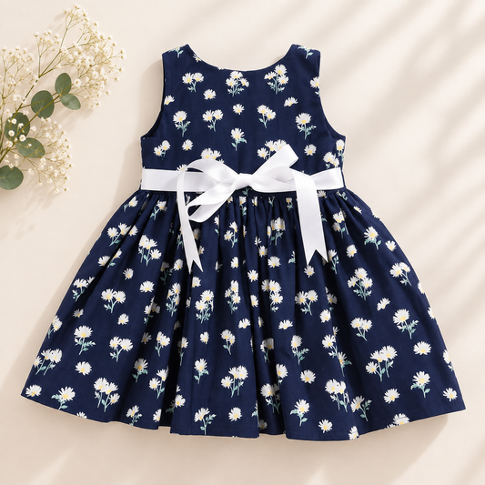 Girls Navy Daisy Floral Cotton Dress with White Bow
