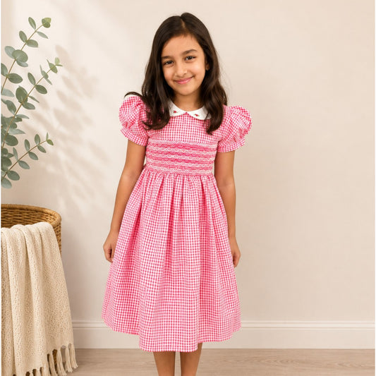 Hand Smocked Red & White Gingham Girls Dress