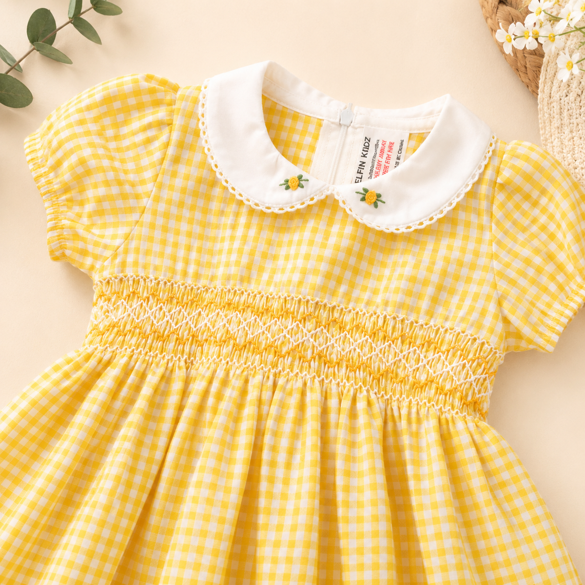 Yellow Gingham Hand Smocked Girls Dress