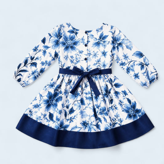 Navy Blue Floral Girls Dress – Long Sleeve Cotton Party Dress with Bow Back