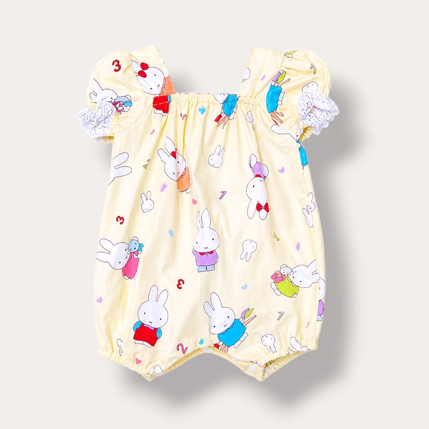 Bunny Print Baby Romper – Cotton Puff Sleeve Playsuit with Lace Detail