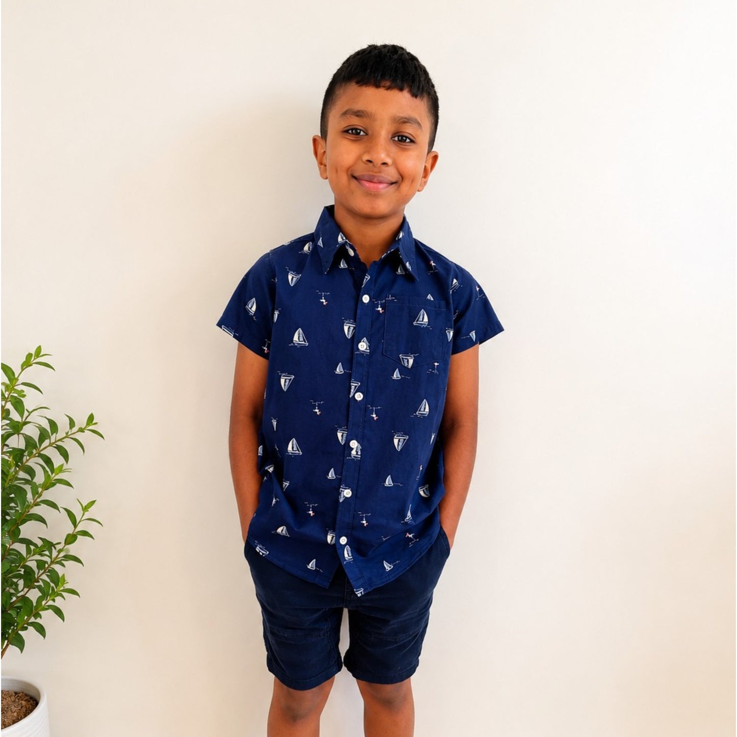 Boys Navy Sailboat Print Short Sleeve Shirt
