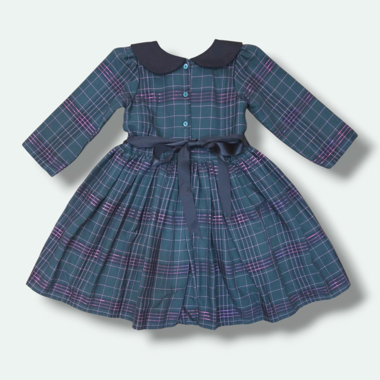 Green Plaid Girls Dress – Long Sleeve Cotton Dress with Peter Pan Collar
