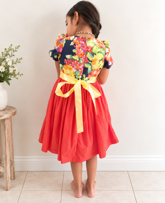 Girls Floral Cotton Dress with Puff Sleeves & Bow