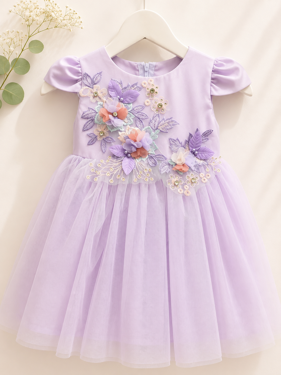 Girls Lavender 3D Floral Tulle Dress | Special Occasion Party Dress