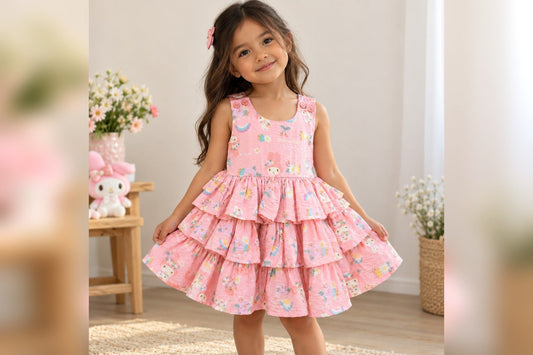 Full pink tiered frilly dress shown in a soft boutique setting
