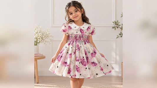 Full floral hand-smocked dress with white embroidered collar, shown in a soft boutique setting