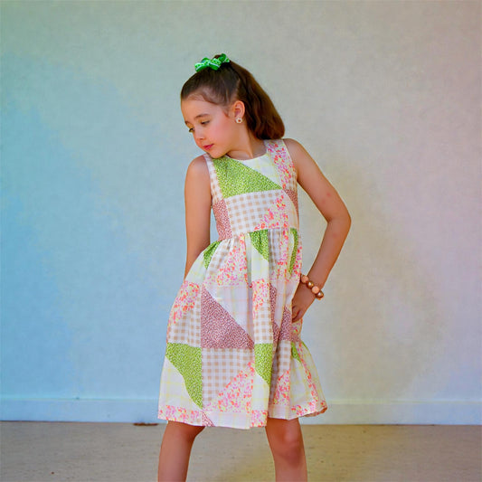 Girls Patchwork Cotton Dress – Open Back Summer Party Dress