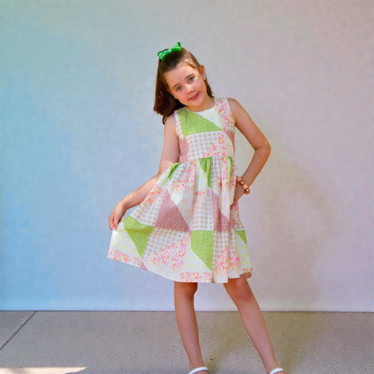 Girls Patchwork Cotton Dress – Open Back Summer Party Dress