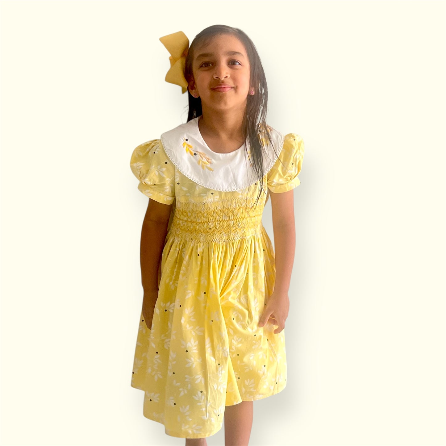 Sunny Yellow Cotton Dress – Embroidered Collar & Classic Tie-Back Design