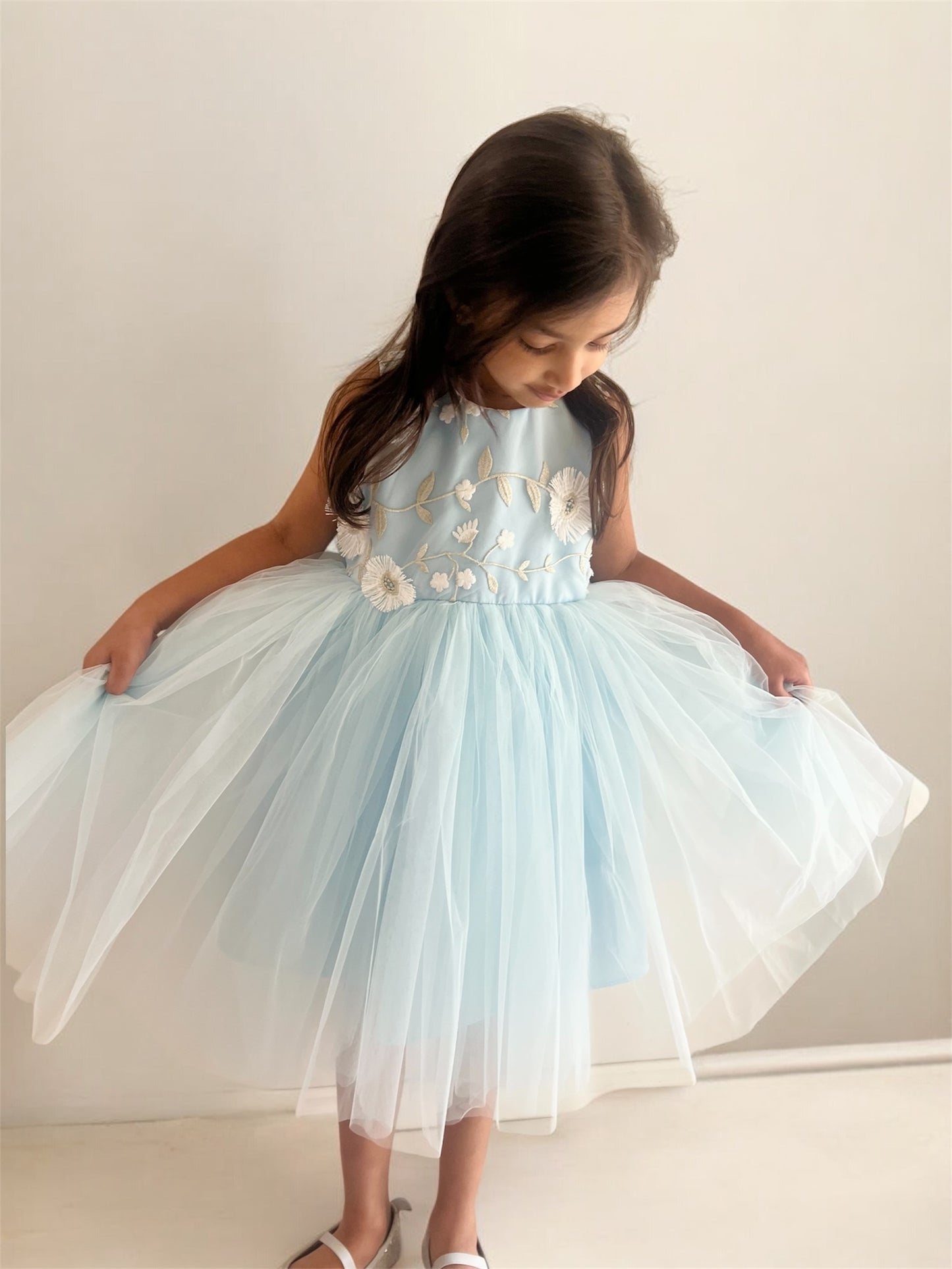 Light Blue 3D Floral Tulle Dress for Girls