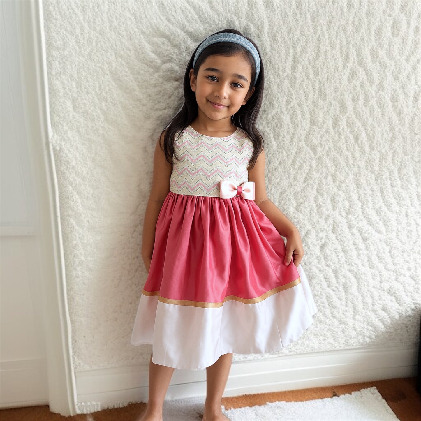 Pink & Ivory Satin Embroidered Party Dress