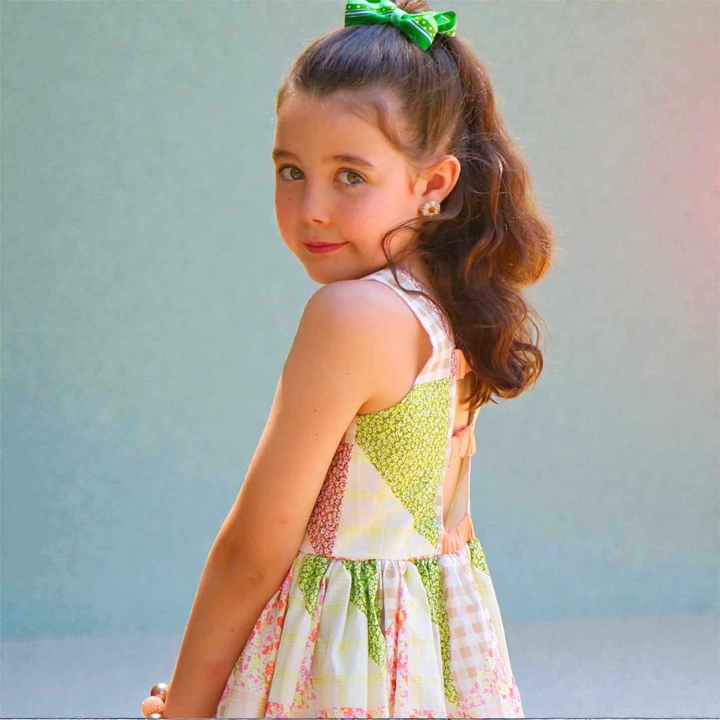 Girls Patchwork Cotton Dress – Open Back Summer Party Dress