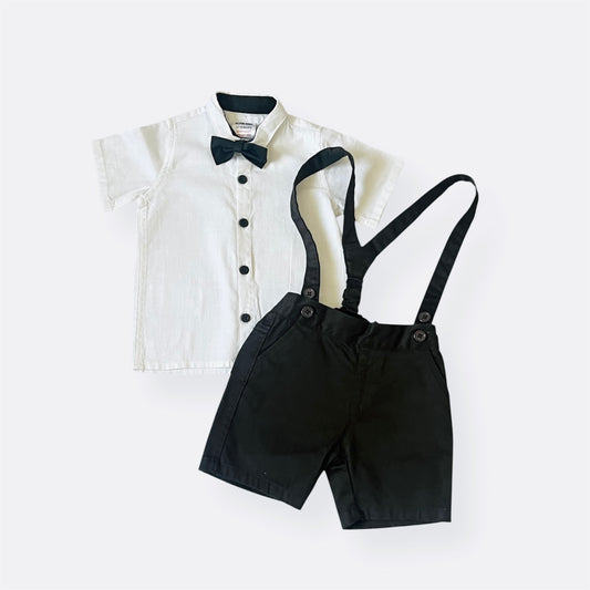 Boys’ Dark Green Suspender Short Set with Linen Shirt