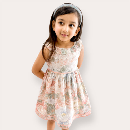 Floral Cotton Satin Dress – Elegant Double-Frill Collar & Classic Silhouette