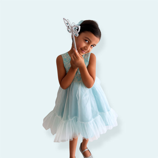Mint Blue Organza Twirl Dress – Layered Skirt, Jacquard Bodice & Satin Lining