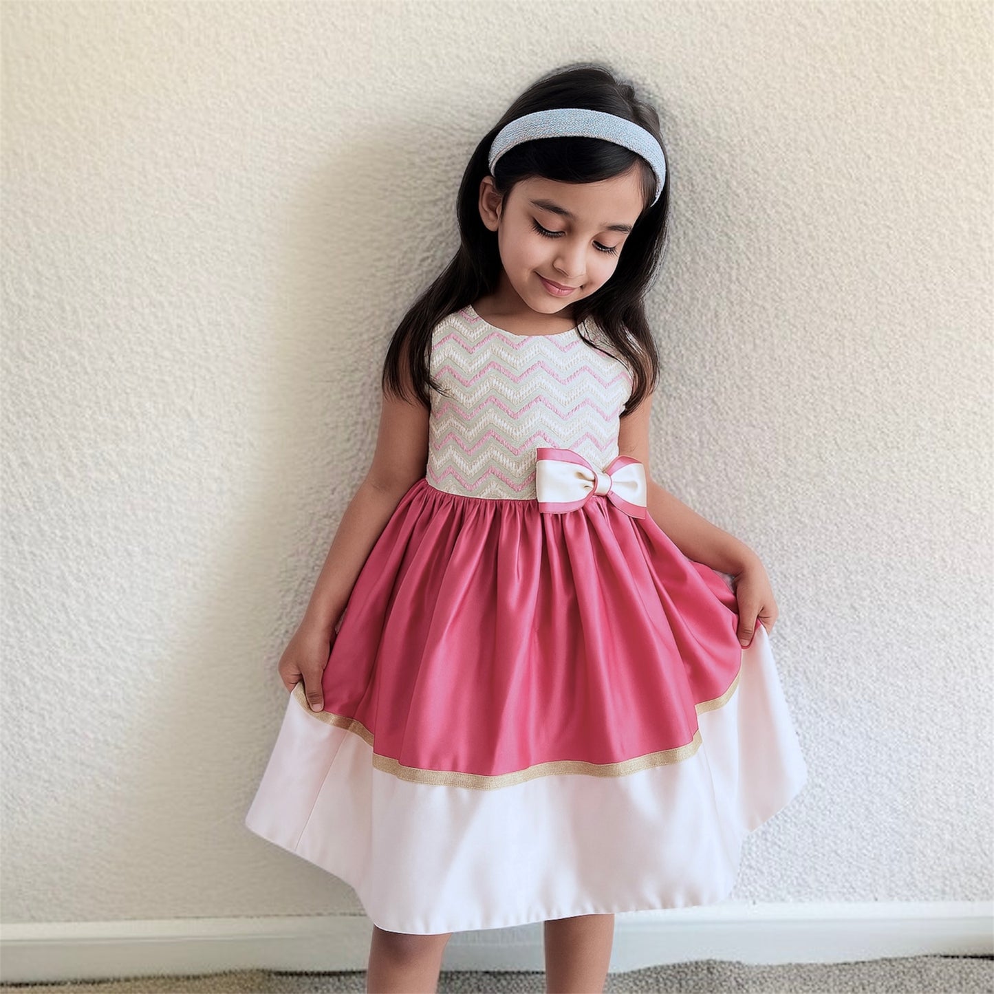 Pink & Ivory Satin Embroidered Party Dress