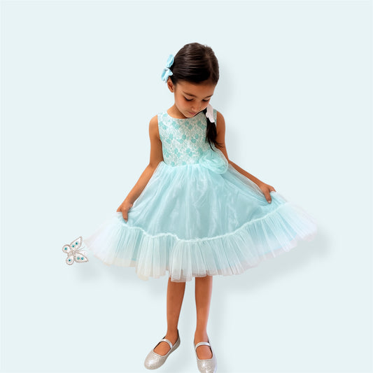 Mint Blue Organza Twirl Dress – Layered Skirt, Jacquard Bodice & Satin Lining