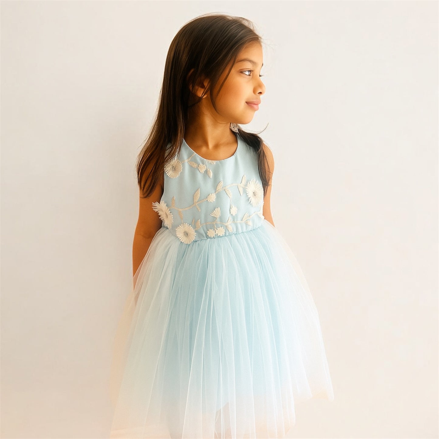 Light Blue 3D Floral Tulle Dress for Girls