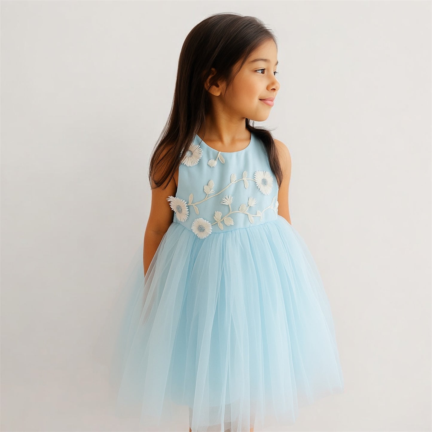 Light Blue 3D Floral Tulle Dress for Girls