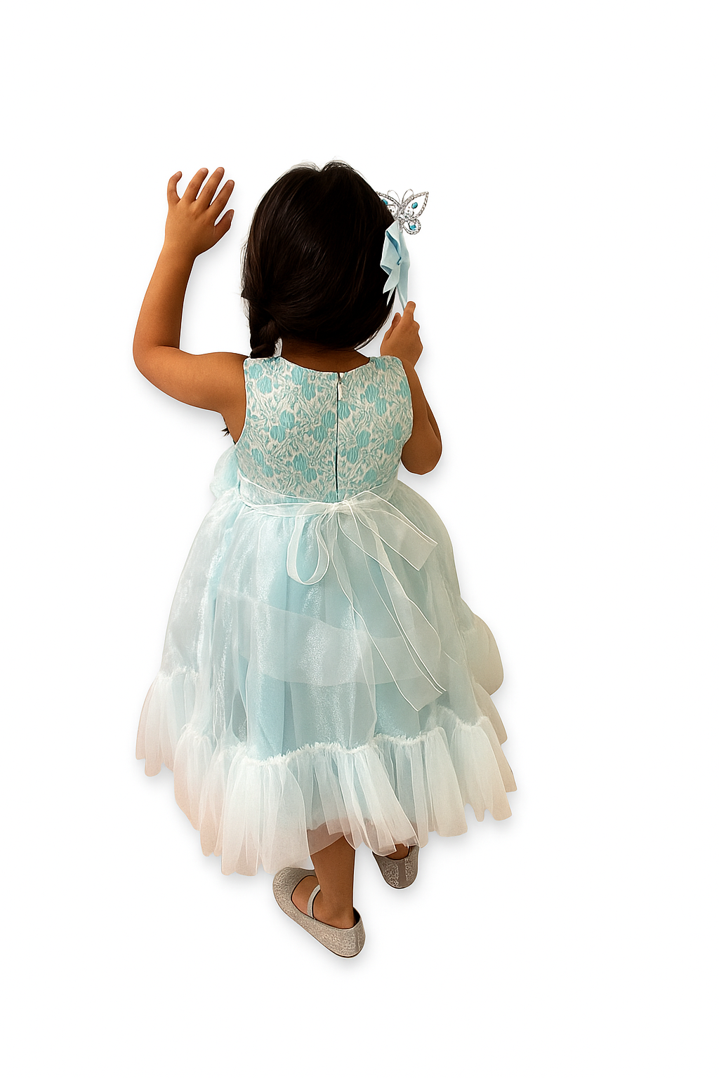 Mint Blue Organza Twirl Dress – Layered Skirt, Jacquard Bodice & Satin Lining