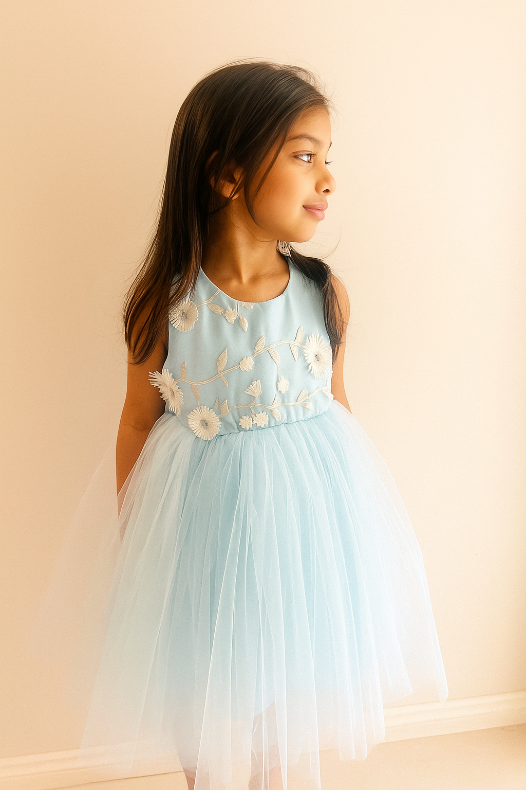 Light Blue 3D Floral Tulle Dress for Girls