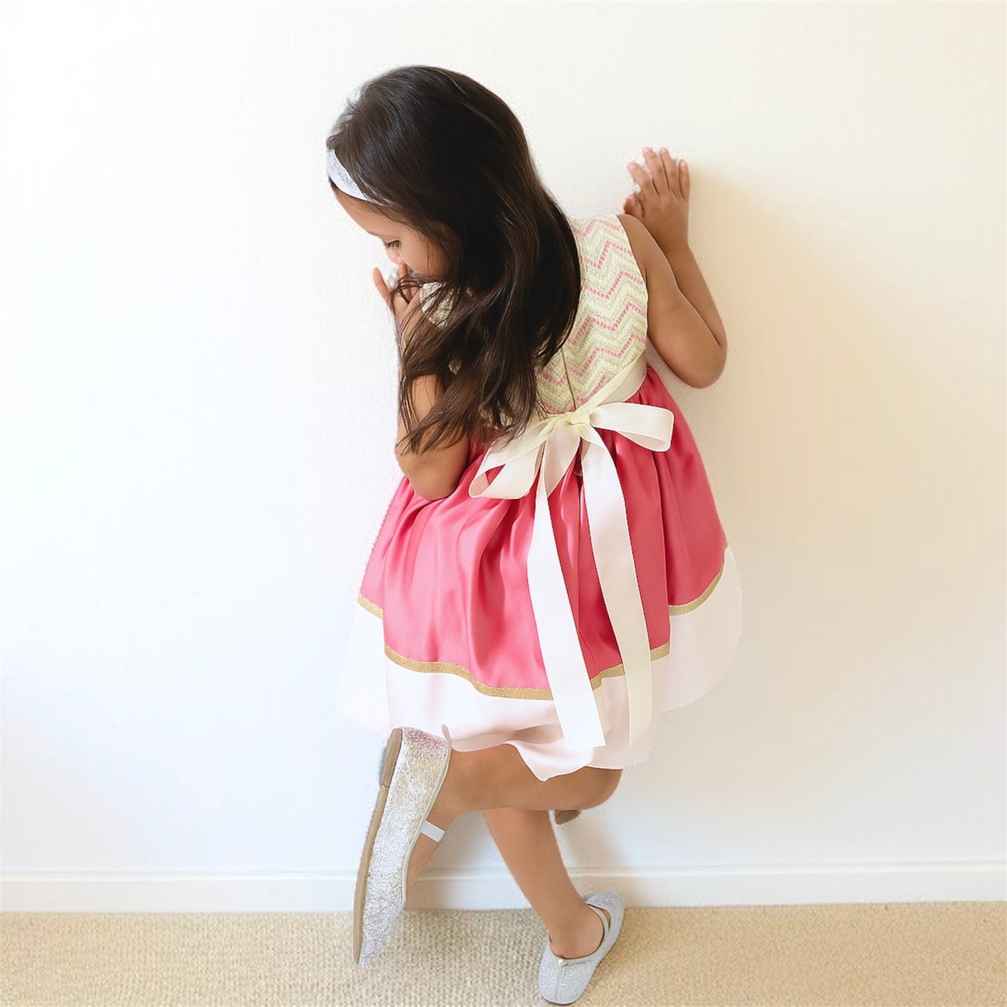 Pink & Ivory Satin Embroidered Party Dress