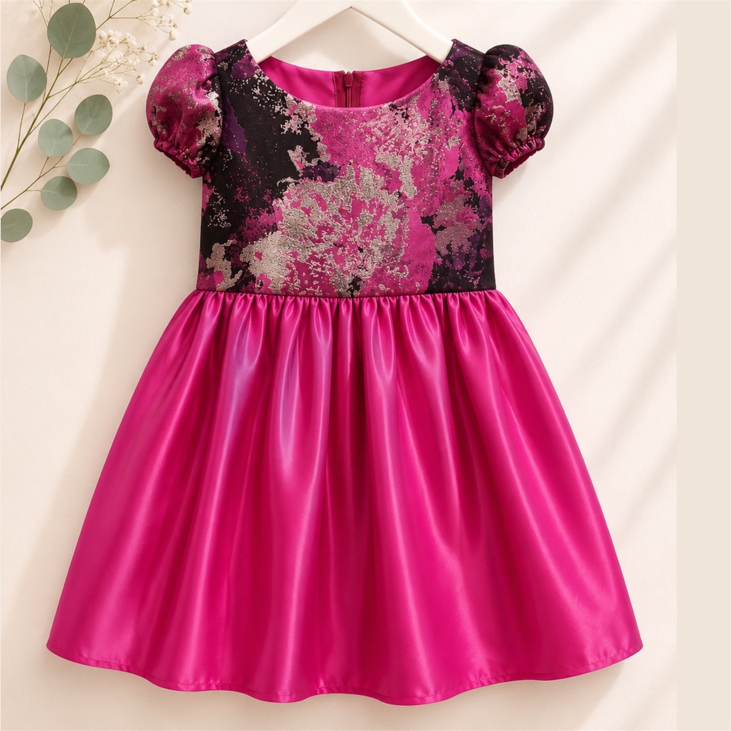 Girls Pink & Purple Party Dress with Puff Sleeves & Bow