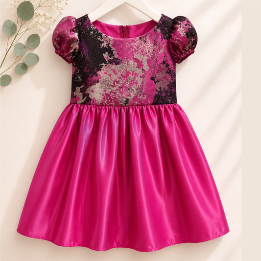 Girls Pink & Purple Party Dress with Puff Sleeves & Bow