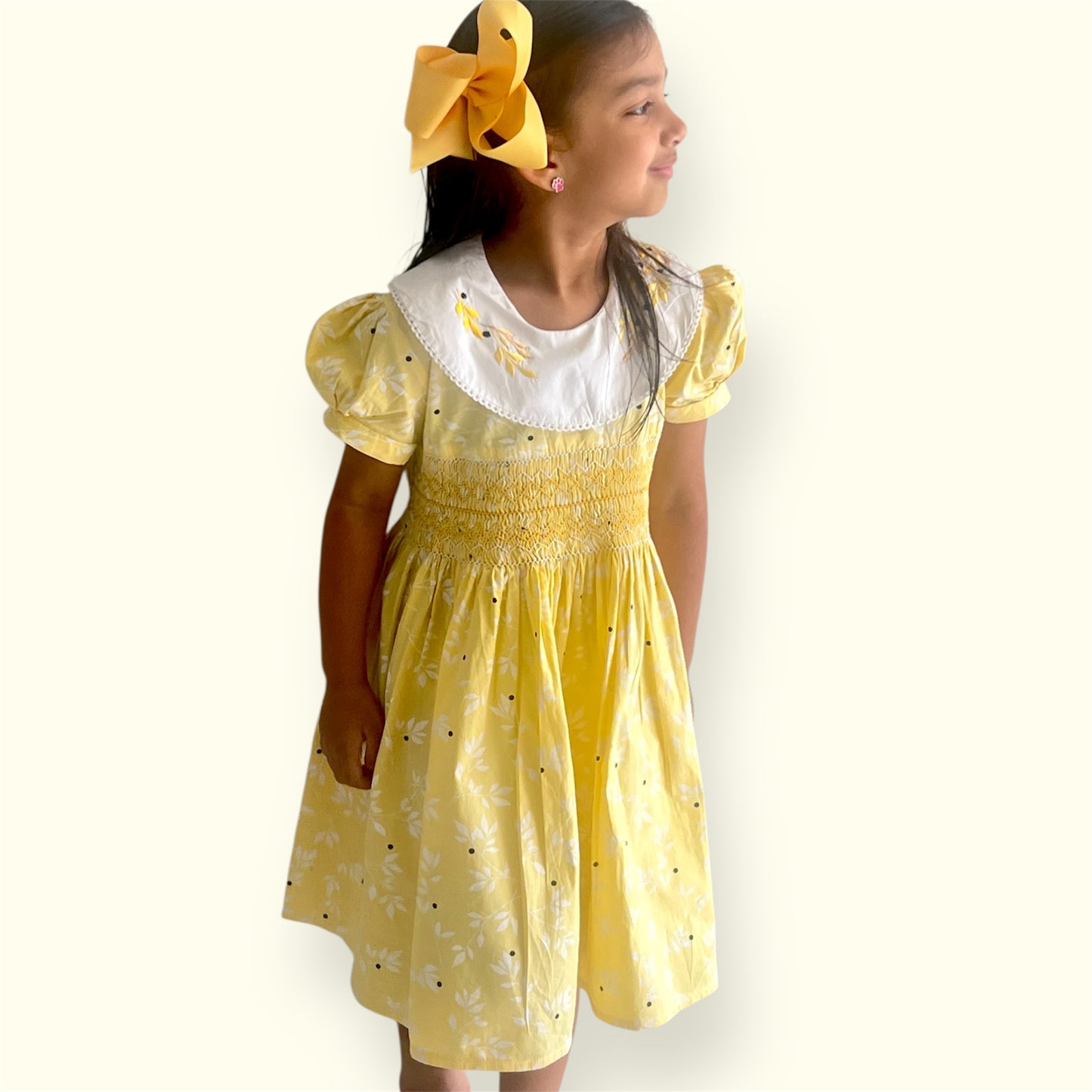 Sunny Yellow Cotton Dress – Embroidered Collar & Classic Tie-Back Design