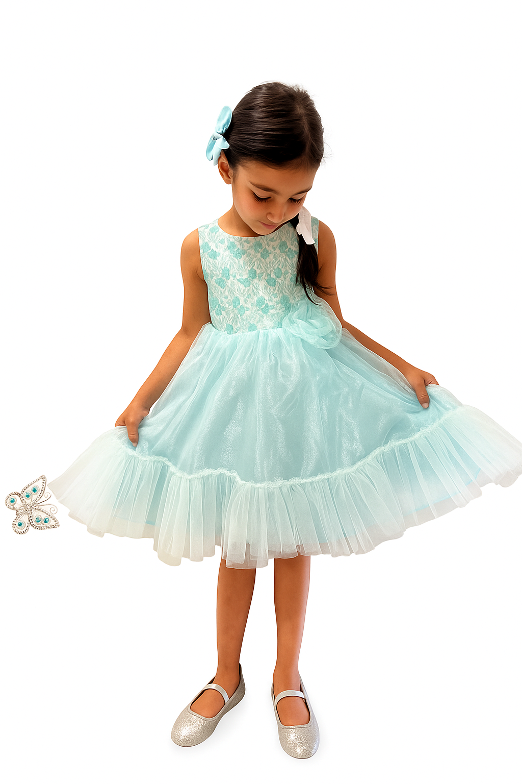 Mint Blue Organza Twirl Dress – Layered Skirt, Jacquard Bodice & Satin Lining
