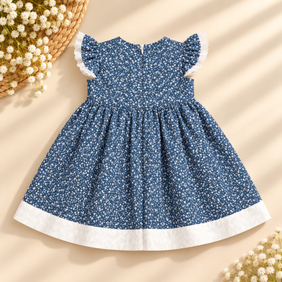 Blue denim chambray 100% cotton girls dress with lace ruffle sleeves and white hem - back - Elfin Kidz