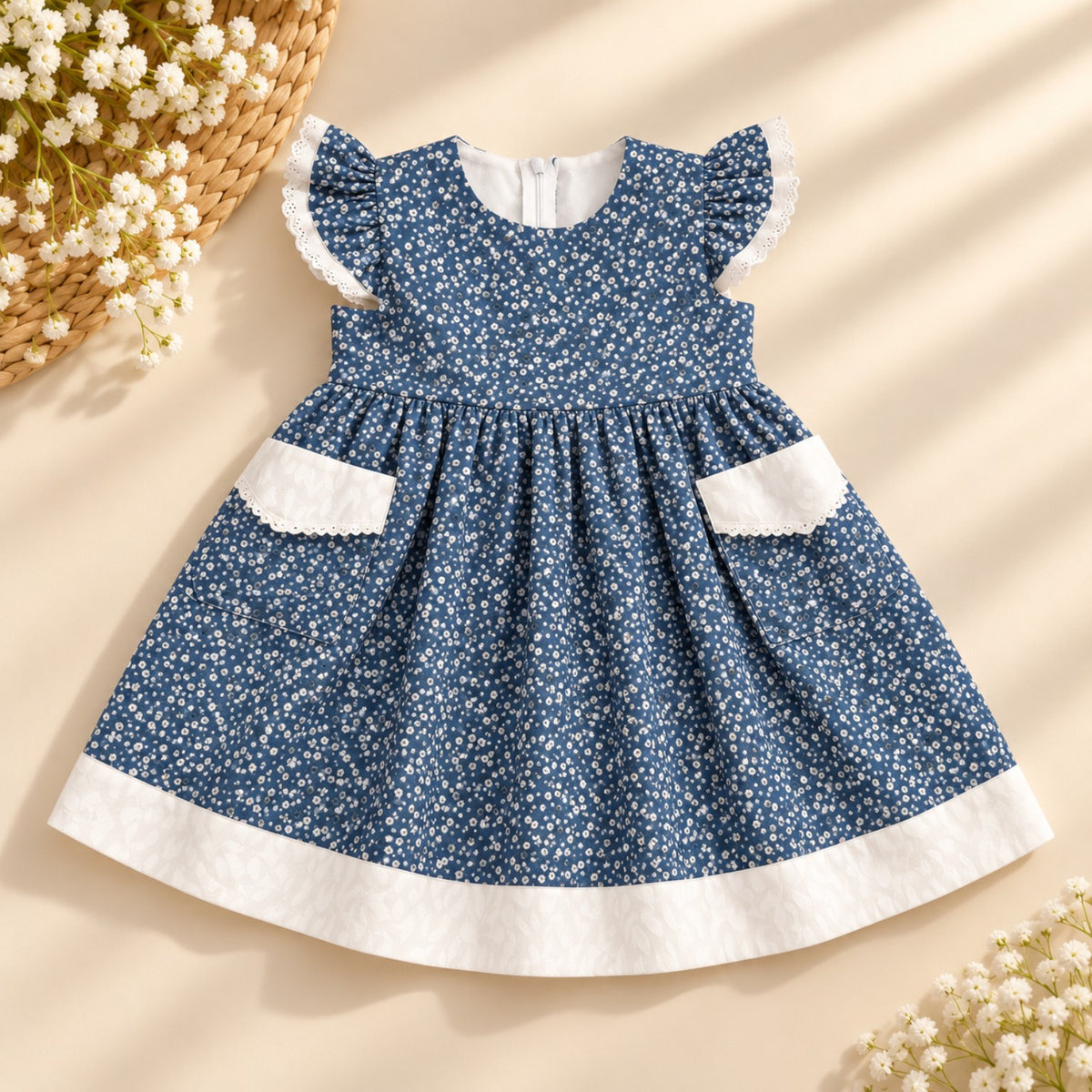 Blue denim chambray 100% cotton girls dress with lace ruffle sleeves and pockets - front - Elfin Kidz