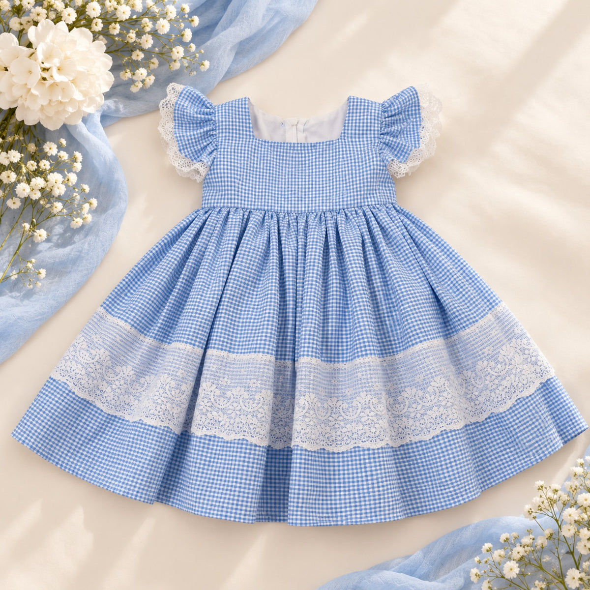 Front view of a blue and white gingham girls dress with lace ruffle sleeves, lace skirt trim and gathered full skirt