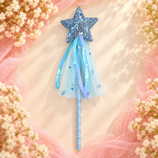 Blue glitter star princess wand with aqua tulle and sequin ribbons